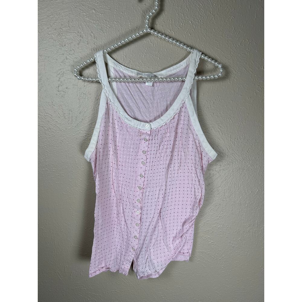 Eileen West Size Large Sleep Shirt Pink Polka Dots Tanktop Cotton Pajama Top Y2K